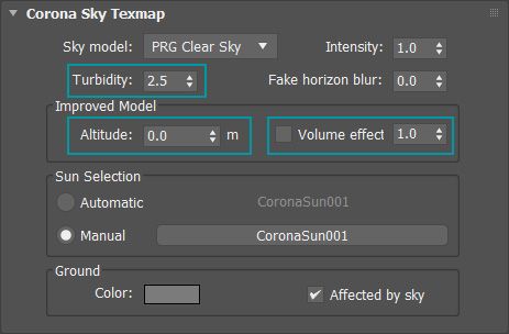 Parametri del nuovo Corona PRG Clear Sky: Turbidity, Altitude, Volume Effect.