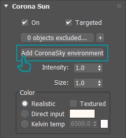 Parametri del nuovo Corona PRG Clear Sky: Turbidity. Immagine con Turbidity impostata a 3.