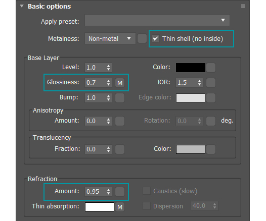 Parametri per un materiale da applicare su una superficie senza spessore