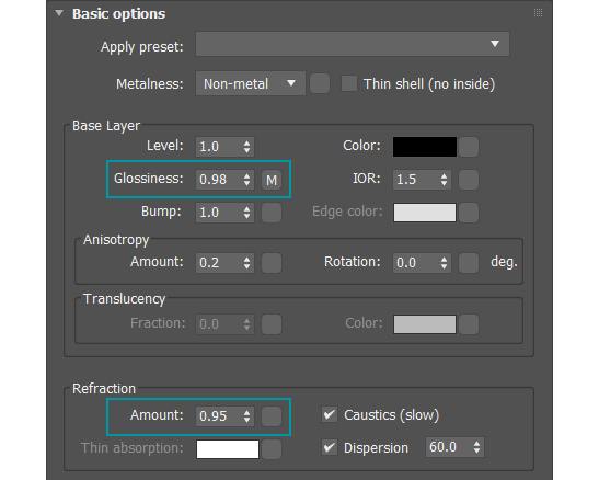 Parametri di glossines nel base layer del Physical Material - Corona Renderer 7